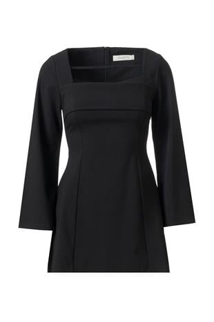 Önü Biye Detay Mini Elbise Siyah