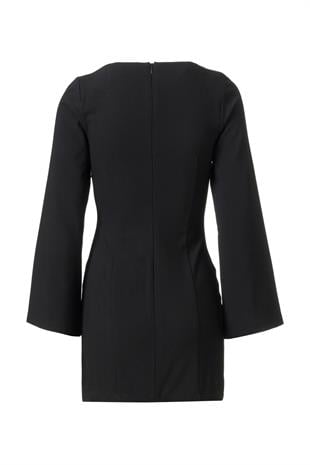 Önü Biye Detay Mini Elbise Siyah