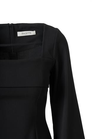 Önü Biye Detay Mini Elbise Siyah