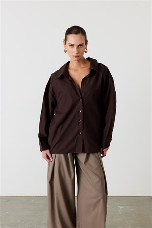 Oversize Poplin Gömlek Acı Kahve