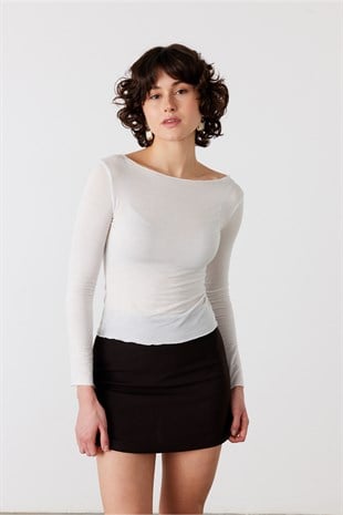 Pamuklu Transparan Kayık Yaka Body Beyaz