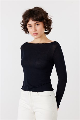 Pamuklu Transparan Kayık Yaka Body Siyah