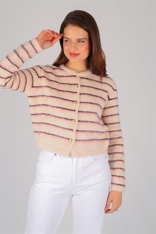 Pembe Çizgili Şardonlu Hırka PEMBE