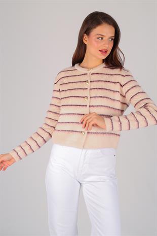 Pembe Çizgili Şardonlu Hırka PEMBE