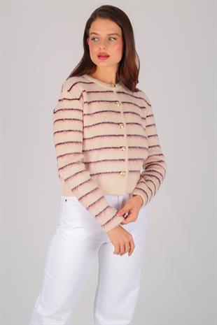 Pembe Çizgili Şardonlu Hırka PEMBE