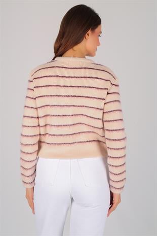 Pembe Çizgili Şardonlu Hırka PEMBE