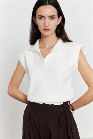 Polo Yaka Süveter Beyaz
