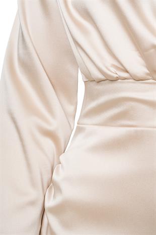 Şal Detay Saten Mini Elbise Bej