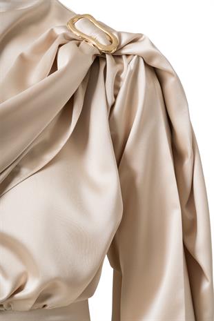 Şal Detay Saten Mini Elbise Bej