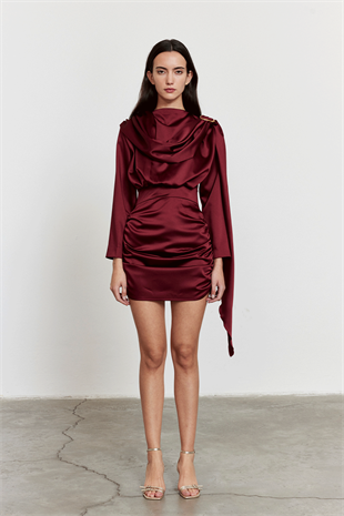 Şal Detay Saten Mini Elbise Bordo