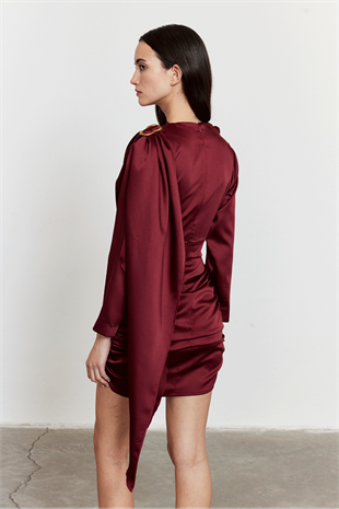 Şal Detay Saten Mini Elbise Bordo