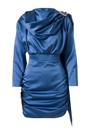 Şal Detay Saten Mini Elbise İndigo