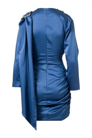 Şal Detay Saten Mini Elbise İndigo