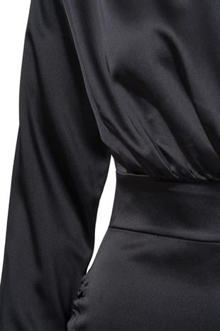 Şal Detay Saten Mini Elbise Siyah