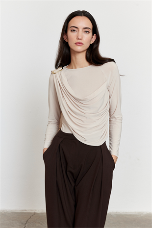 Şal Detaylı Bluz Bej