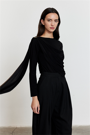 Şal Detaylı Bluz Siyah