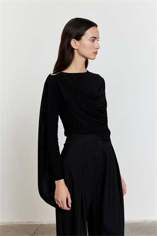 Şal Detaylı Bluz Siyah