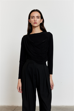 Şal Detaylı Bluz Siyah