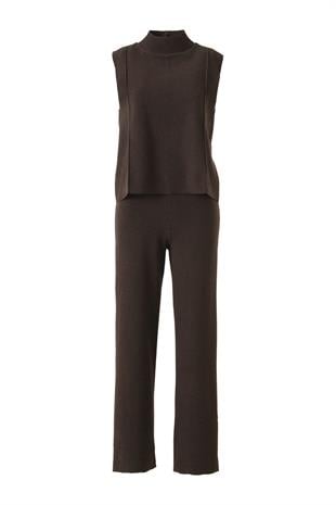 Şardonlu Kolsuz Bluz Pantolon Takım Acı Kahve