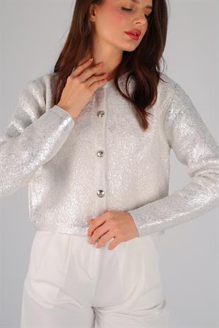 Silver Metalik Baskılı Düğme Detay Kısa Hırka SILVER