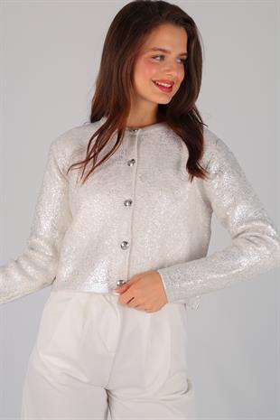 Silver Metalik Baskılı Düğme Detay Kısa Hırka SILVER