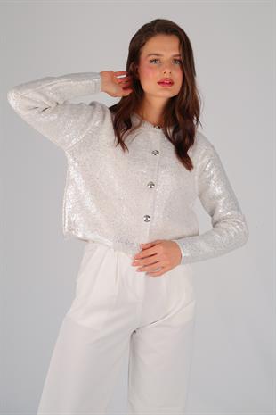 Silver Metalik Baskılı Düğme Detay Kısa Hırka SILVER