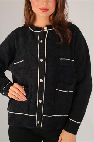 Siyah Düğme Detay Yumoş Hırka SİYAH