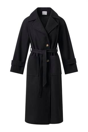 Siyah Kol Apoletli Kuşaklı Kaşe Kaban SİYAH