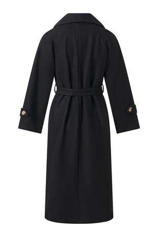 Siyah Kol Apoletli Kuşaklı Kaşe Kaban SİYAH