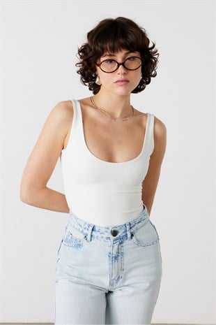 Slim Fit Askılı Bodysuit Ekru