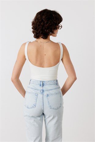 Slim Fit Askılı Bodysuit Ekru