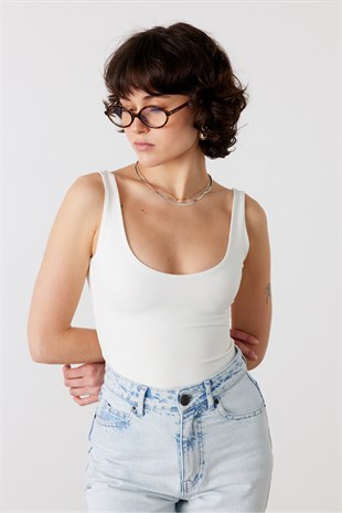 Slim Fit Askılı Bodysuit Ekru