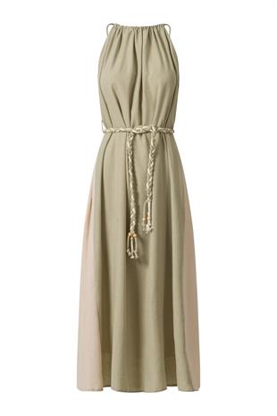 Su Yeşili Çift Renkli Elbise