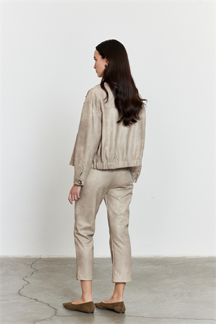 Suni Deri Bomber Ceket Bej