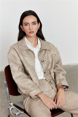 Suni Deri Bomber Ceket Bej