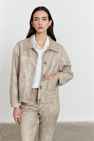 Suni Deri Bomber Ceket Bej