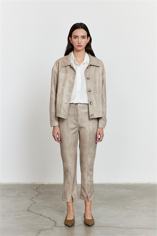 Suni Deri Bomber Ceket Bej