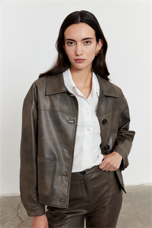 Suni Deri Bomber Ceket Gri