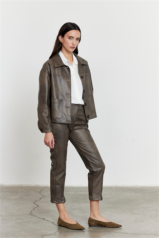 Suni Deri Bomber Ceket Gri