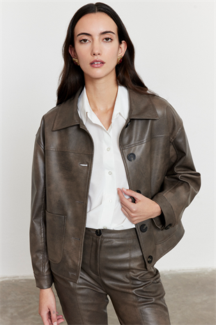 Suni Deri Bomber Ceket Gri