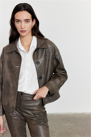 Suni Deri Bomber Ceket Gri