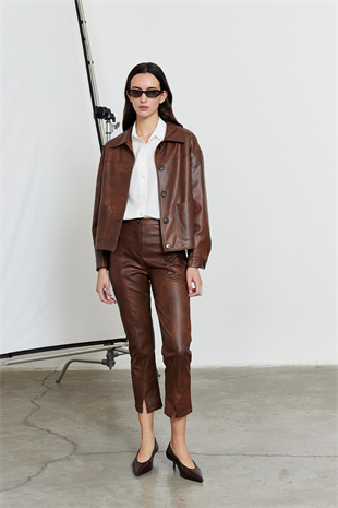 Suni Deri Bomber Ceket Kahverengi