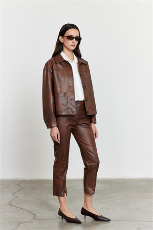 Suni Deri Bomber Ceket Kahverengi