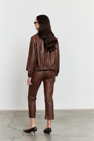 Suni Deri Bomber Ceket Kahverengi