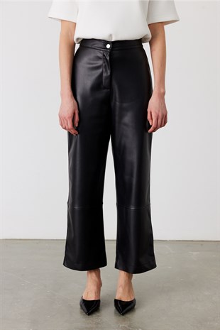 Suni Deri High Waist Pantolon Siyah