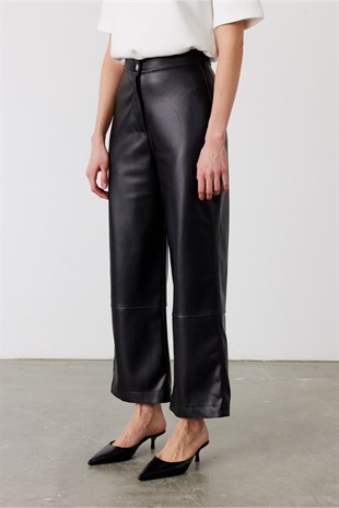 Suni Deri High Waist Pantolon Siyah
