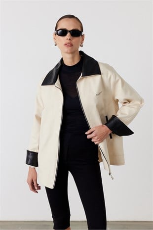 Suni Deri Yakalı Ceket Bej