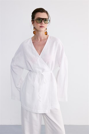 Terra Pamuklu Bağlamalı Kimono Beyaz