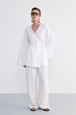 Terra Pamuklu Bağlamalı Kimono Beyaz