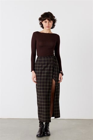 Vela Kareli Midi Etek Acı Kahve